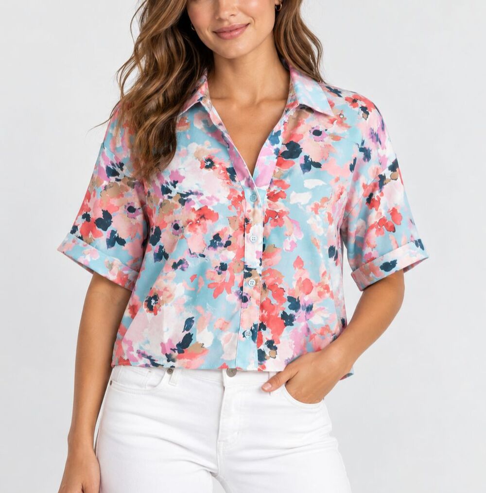 KUT from the Kloth Donna Floral Button-Up Shirt SKY 100% Lyocell Small NWOT